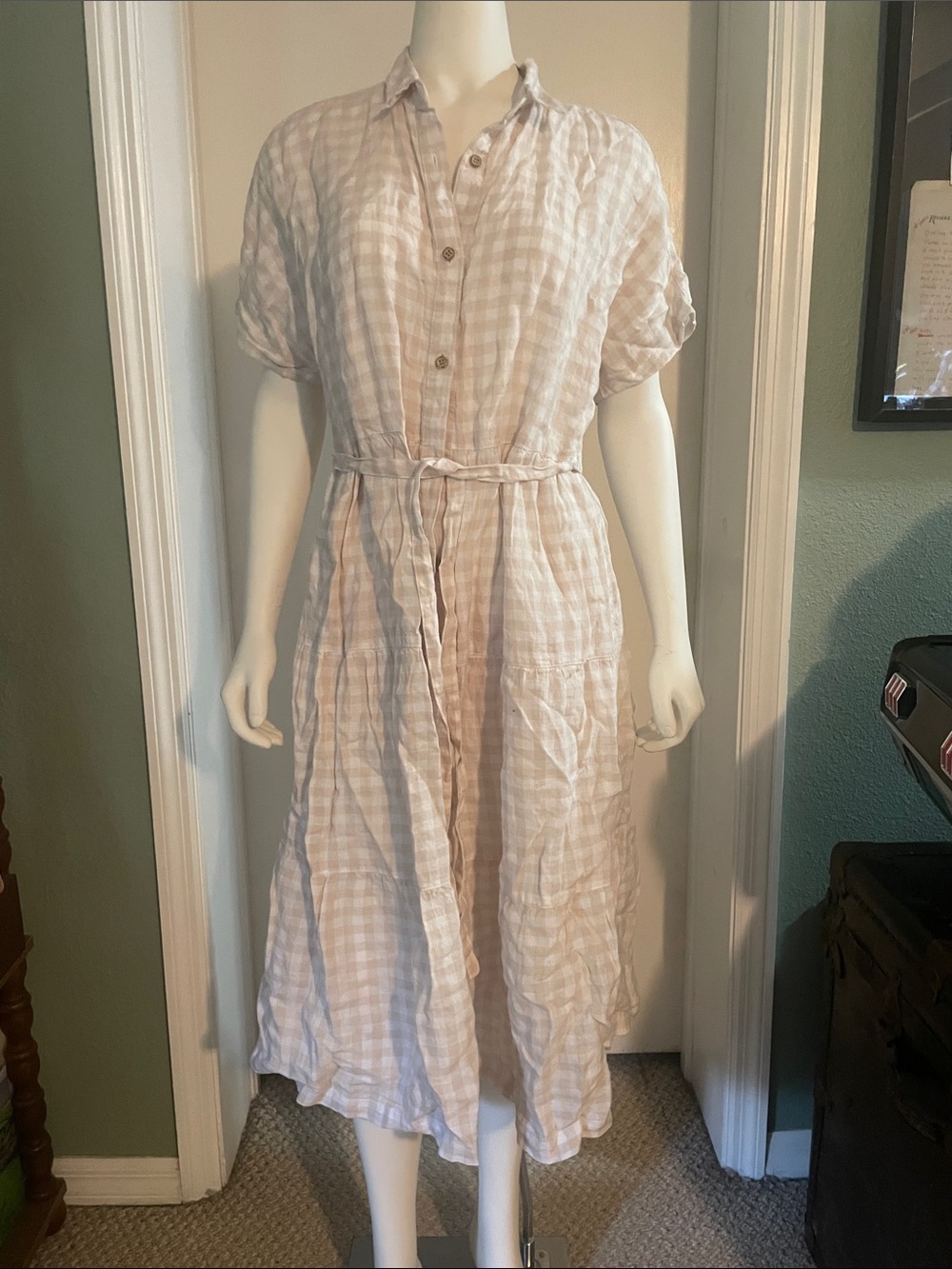 Cynthia Rowley Cream and Light Pink Plaid Button-Front Midi Dress